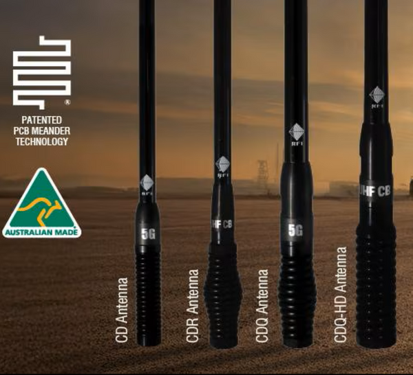 RFI CDQ vehicle antenna range compared by gain — 5.5 to 8.5 dBi