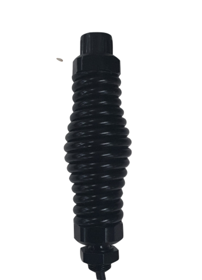 RFI CDR7100-SA-B Spring Assembly; 5m FME(F) - Black, featuring a durable 5m 9006 cable terminated with an FME(F) connector in sleek black.