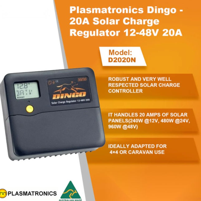 Plasmatronics PLD2020N Dingo PWM Solar Regulator, 20A, 12-48V, LCD, NEG Ground
