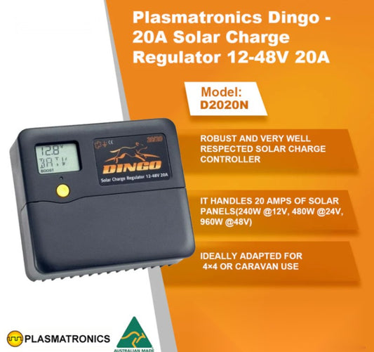 Plasmatronics PLD2020N Dingo PWM Solar Regulator, 20A, 12-48V, LCD, NEG Ground