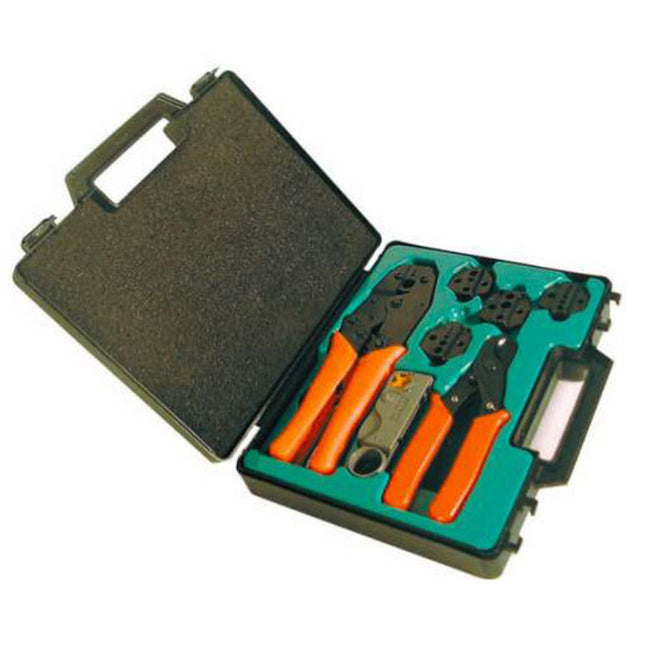 Pulse RCT-330K crimp tools complete kit with interchangeable jaws for cables from RG214 down to RG174. Comes packaged in a robust plastic case.