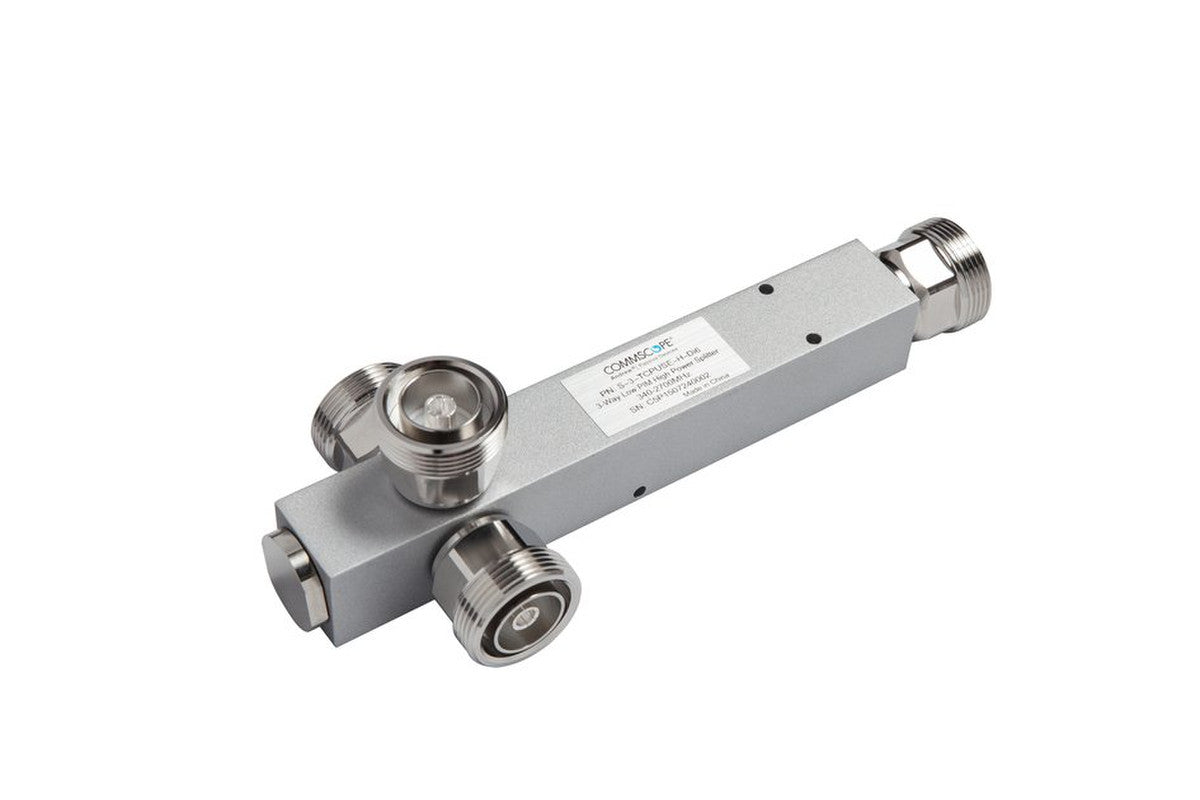 CommScope S-3-TCPUSE-H-DI6 3-Way High Power Splitter is a premium RF signal splitter designed for indoor and outdoor applications, ensuring. With 7-16 DIN female connectors, silver-plated inner contacts, and a trimetal-plated outer finish, this splitter delivers low insertion loss, excellent VSWR performance, and high-power handling capabilities.
