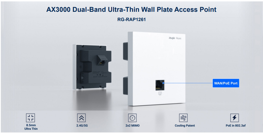 The Ruijie Reyee RG-RAP1261 offers cutting-edge Wi-Fi 6 (802.11ax) technology in an ultra-thin wall plate design, ensuring both aesthetics and performance.
