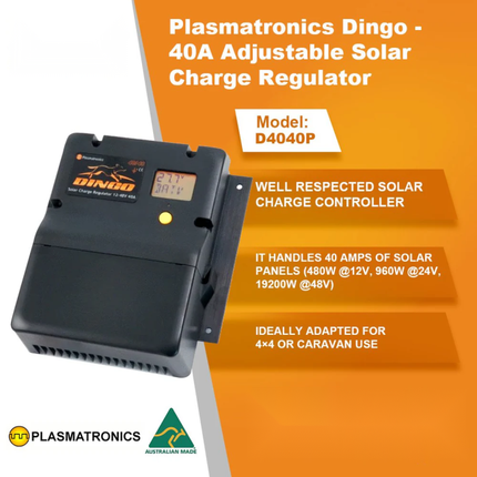 Plasmatronics PLD4040P Dingo PWM Solar Regulator, 40A, 12-48V, LCD, POS Ground